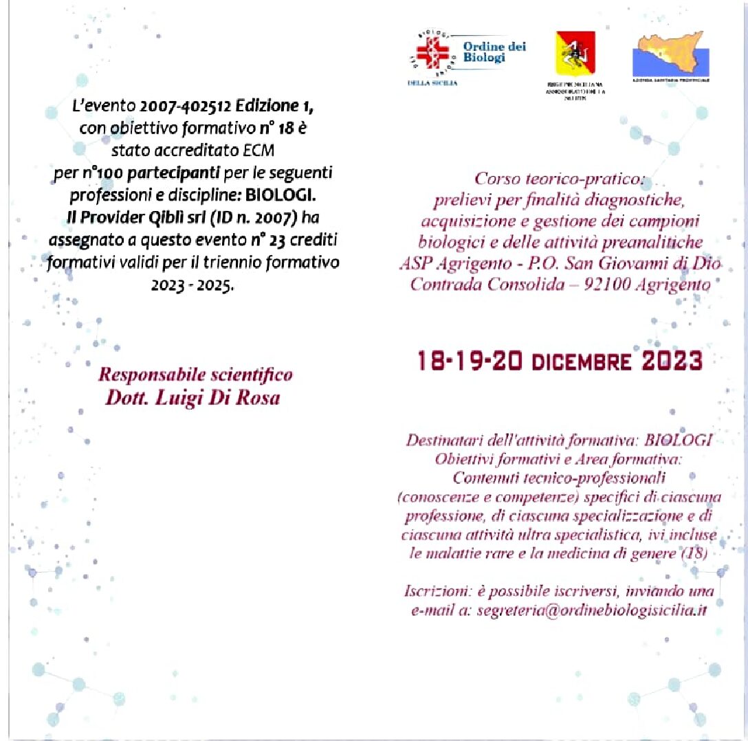 Dal 18 al 20 Dicembre parte il corso Prelievi previsto all’Ospedale San Giovanni Di Dio di Agrigento: ancora posti disponibili. Il programma completo