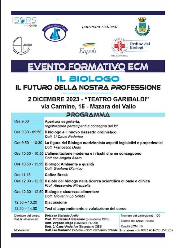 Grande richiesta partecipativa dei Biologi per l’evento ECM “Il Biologo, il futuro della nostra professione” che si terrà a Mazara il 2 Dicembre.